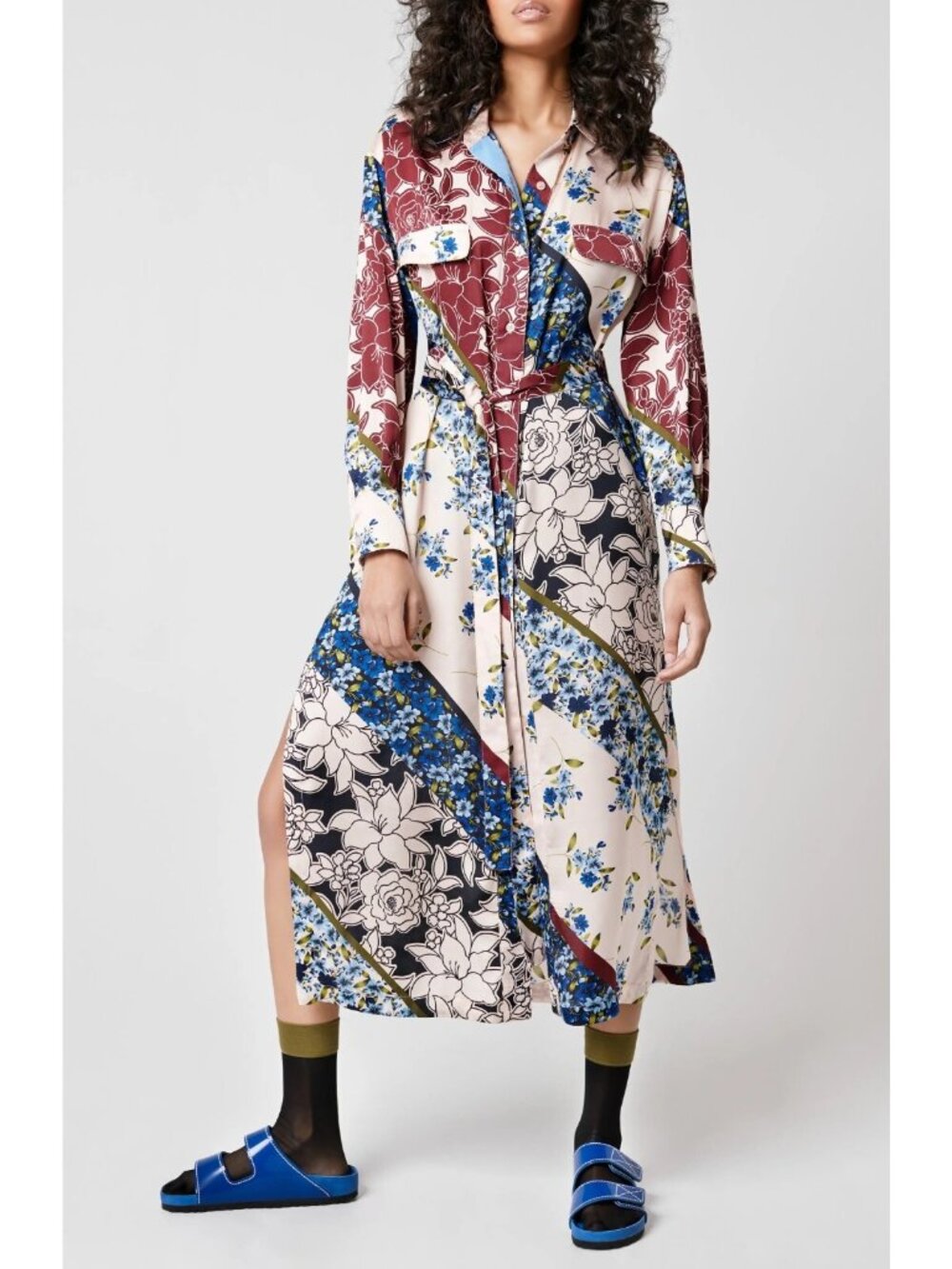 Smythe Womens Tie Waist Long Sleeve Midi Shirt Dress in Multi Scarf Print Size M